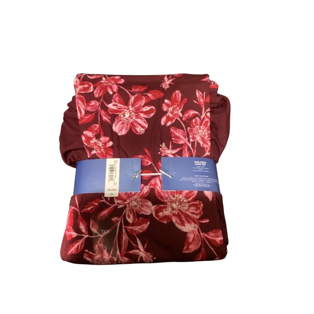 Liz Claiborne Cool & Calm Pajama Set‎ XXL Burgundy Floral 2 Piece Sleepwear New